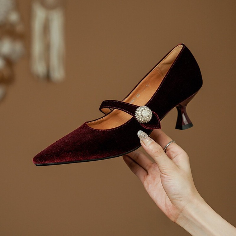 Wine Red Pointed Toe Mary Jane - Vintage Old Fashion ulasan dan harga
