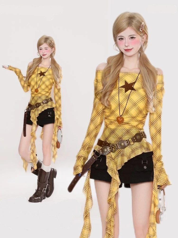 Y2K Plaid Slash Neck Vintage T - Vintage Y2K ulasan dan harga