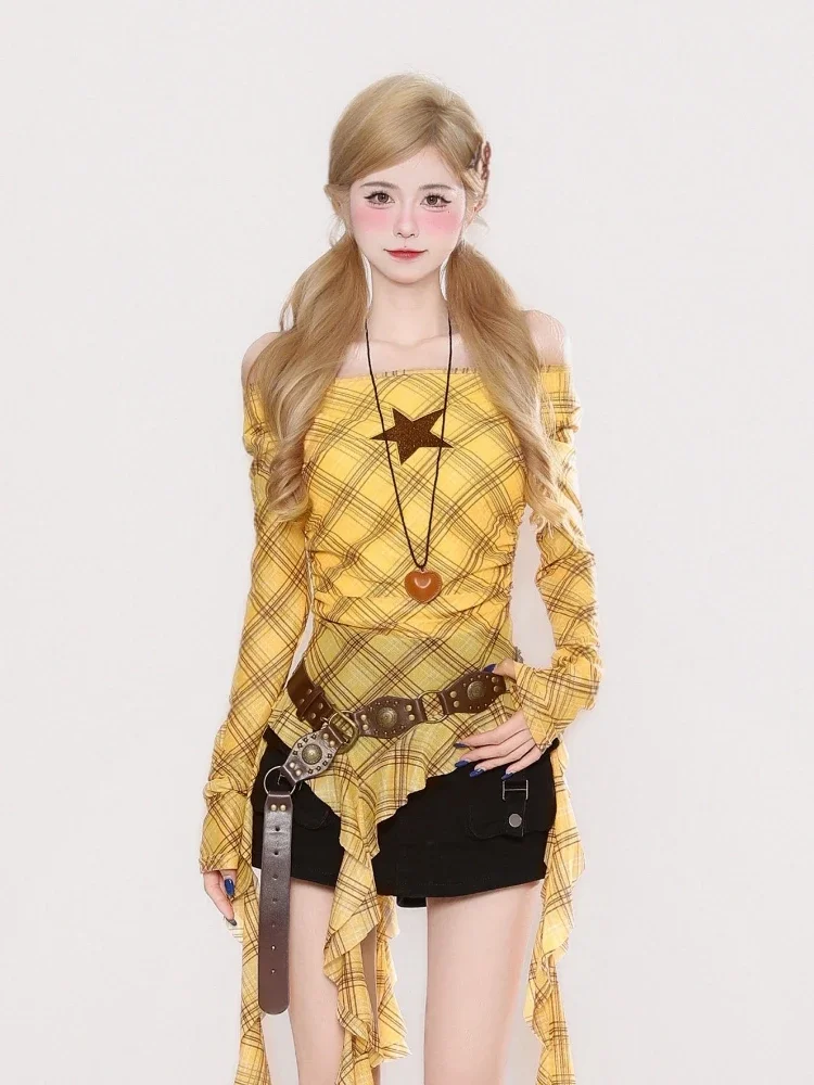 Y2K Plaid Slash Neck Vintage T - Vintage Y2K ulasan dan harga
