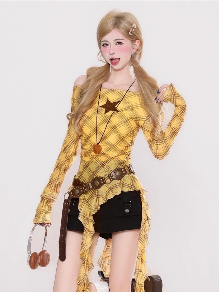 Y2K Plaid Slash Neck Vintage T - Vintage Y2K ulasan dan harga