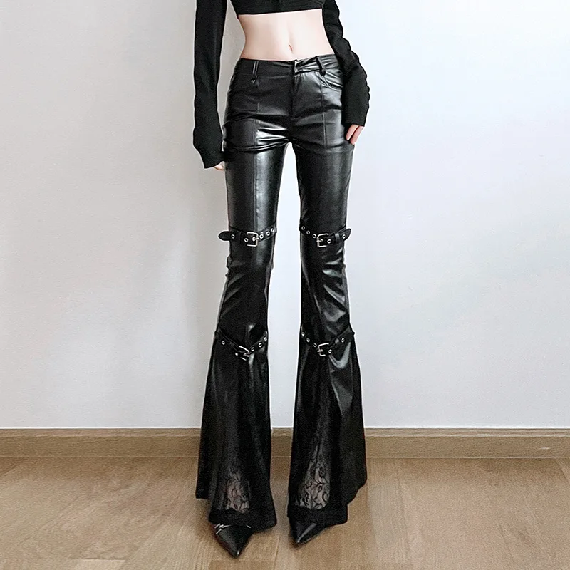 Women's PU Leather Flare Pants - Vintage Y2K ulasan dan harga