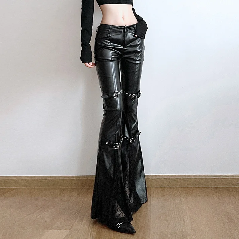 Women's PU Leather Flare Pants - Vintage Y2K ulasan dan harga
