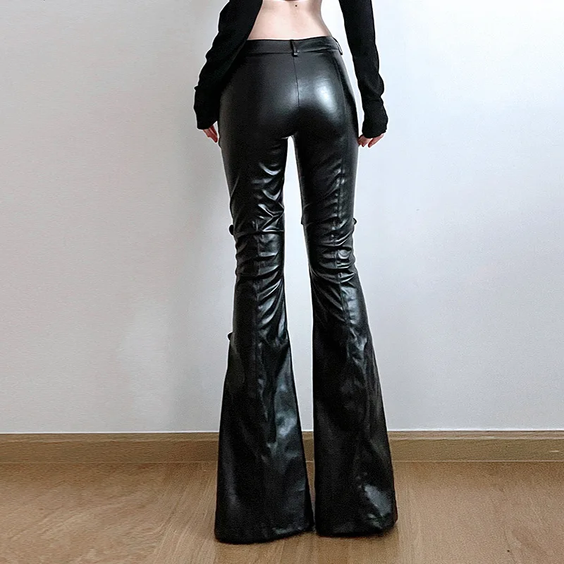 Women's PU Leather Flare Pants - Vintage Y2K ulasan dan harga