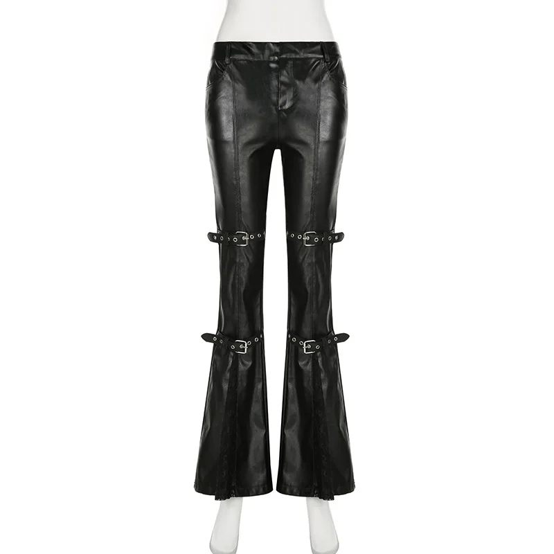 Women's PU Leather Flare Pants - Vintage Y2K ulasan dan harga